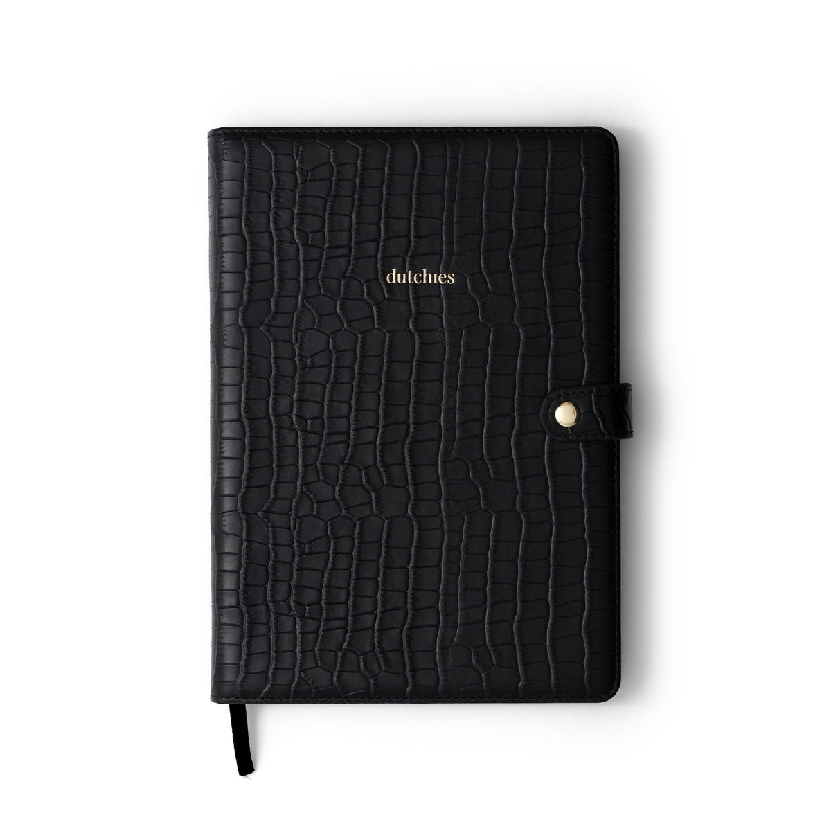Stylish black leather notebook with crocodile texture and gold detailing for essential notes and planning.