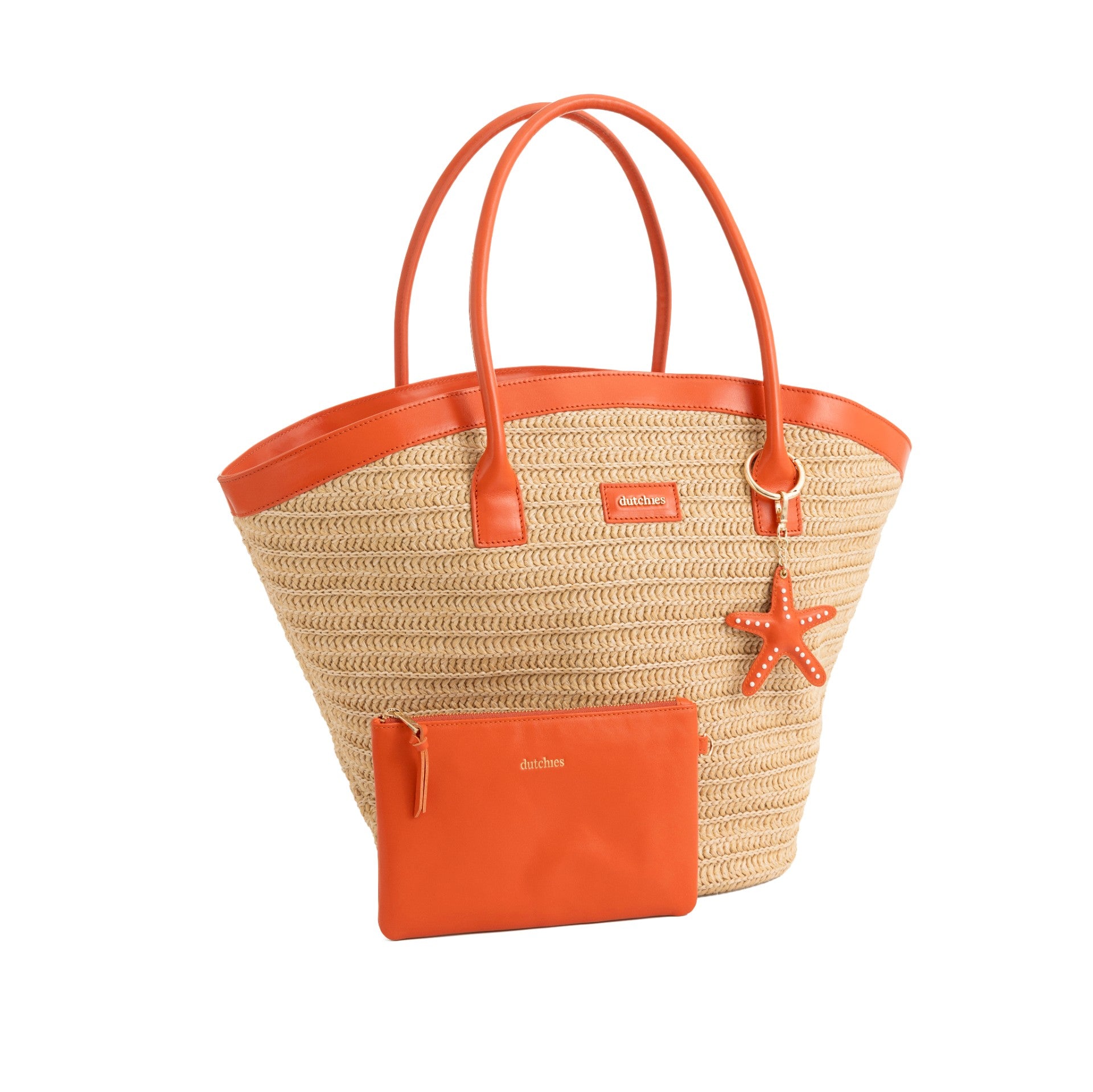 Beach Bag Set | Raffia Orange featuring a stylish straw bag with vibrant orange accents and matching pouch.