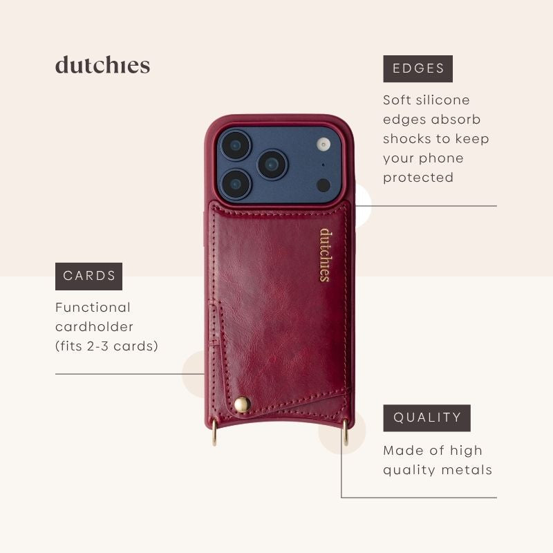 iPhone Case | Raspberry Red showing cardholder and high-quality materials with soft edges for protection.