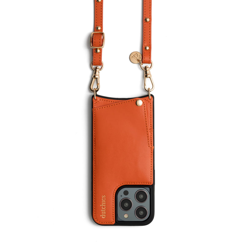 Phone strap | Slimline with Studs | Orange - luxurious leather phone strap with golden studs.