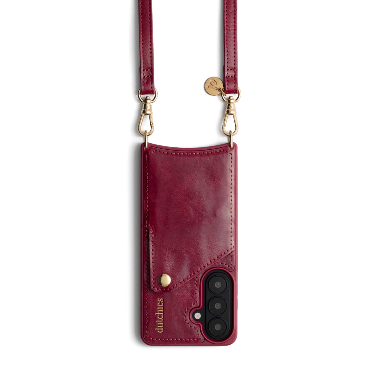 Phone strap | Slimline | Raspberry Red stylish phone case with strap and gold accents.