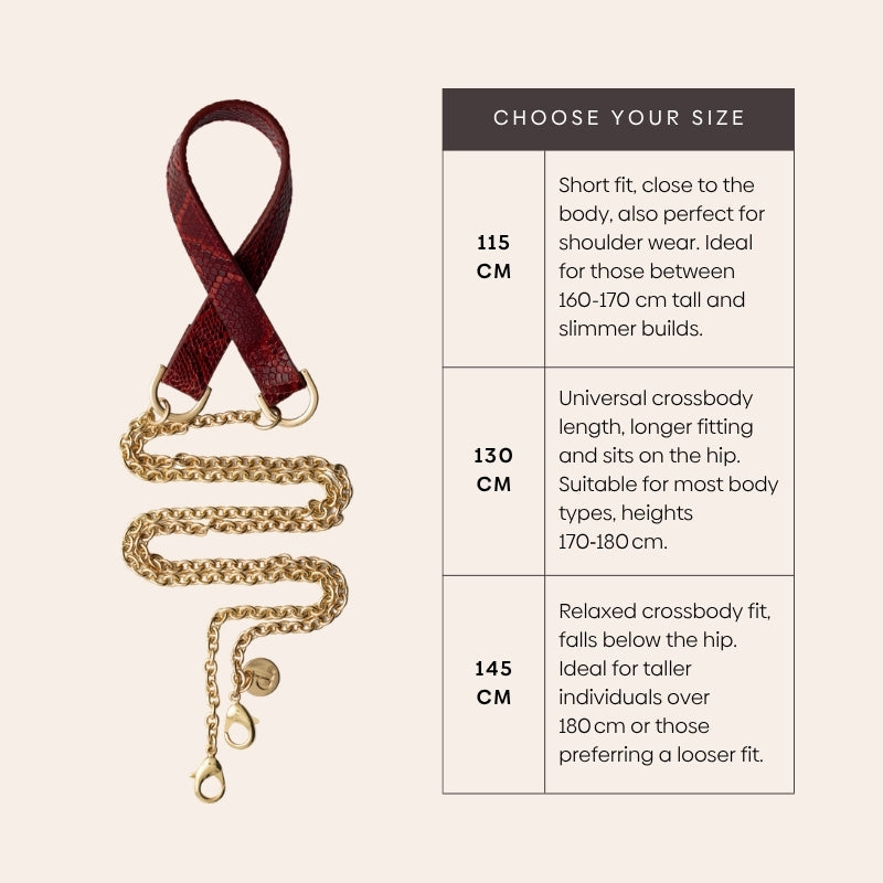 Phone Chain | Spanish | Snake Red size guide with adjustable lengths and stylish design details