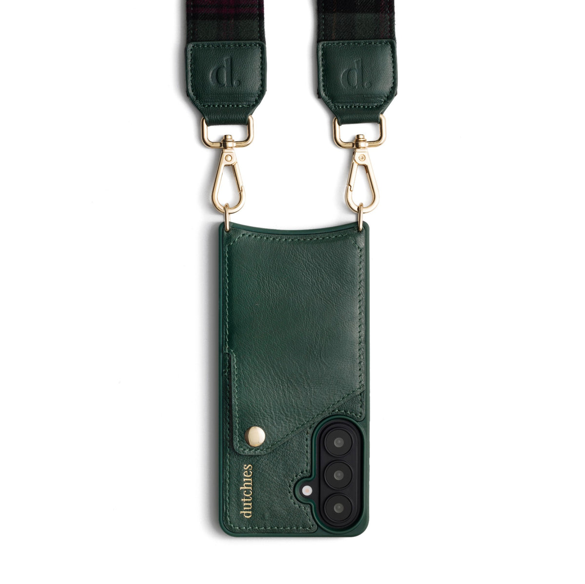 Phone Strap | Flannel | Forest Green Tartan with genuine leather phone case and gold clips.