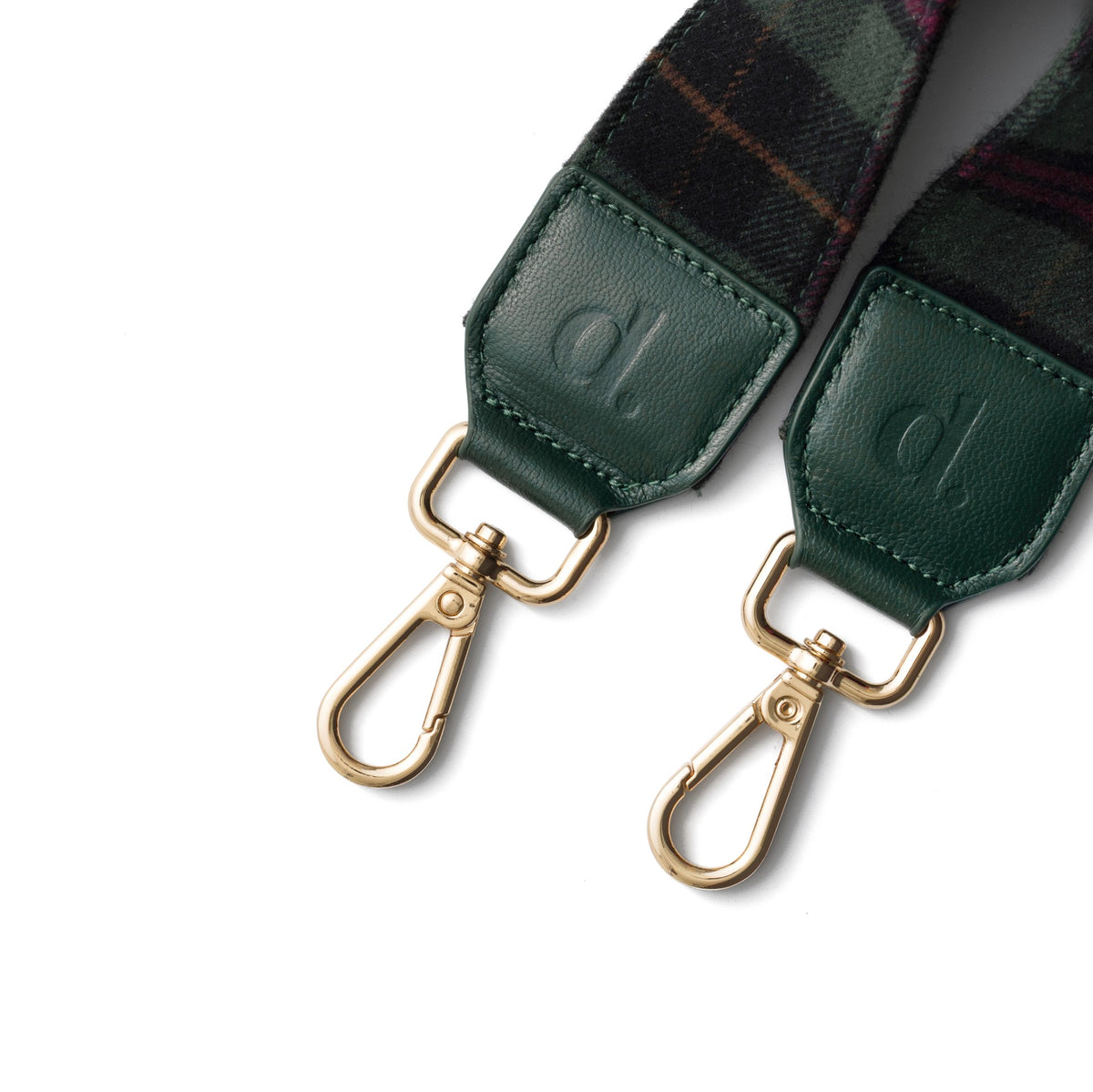 Phone Strap | Charm | Forest Green Tartan with gold clasps and leather details.