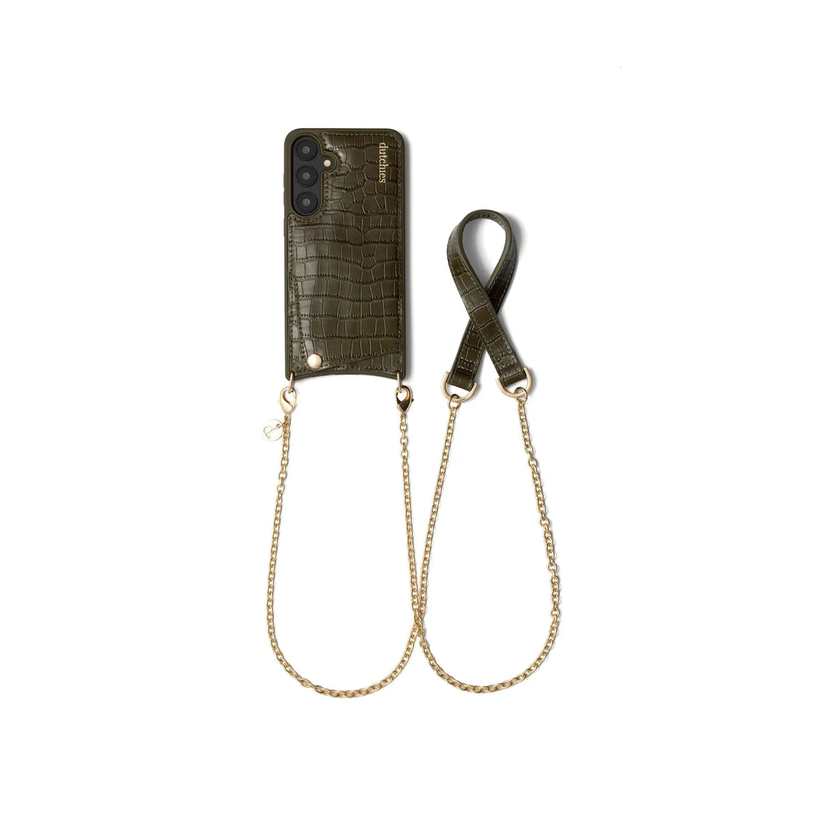Spanish Chain Set | Samsung | Olive Green - stylish phone case with gold chain for hands-free convenience.