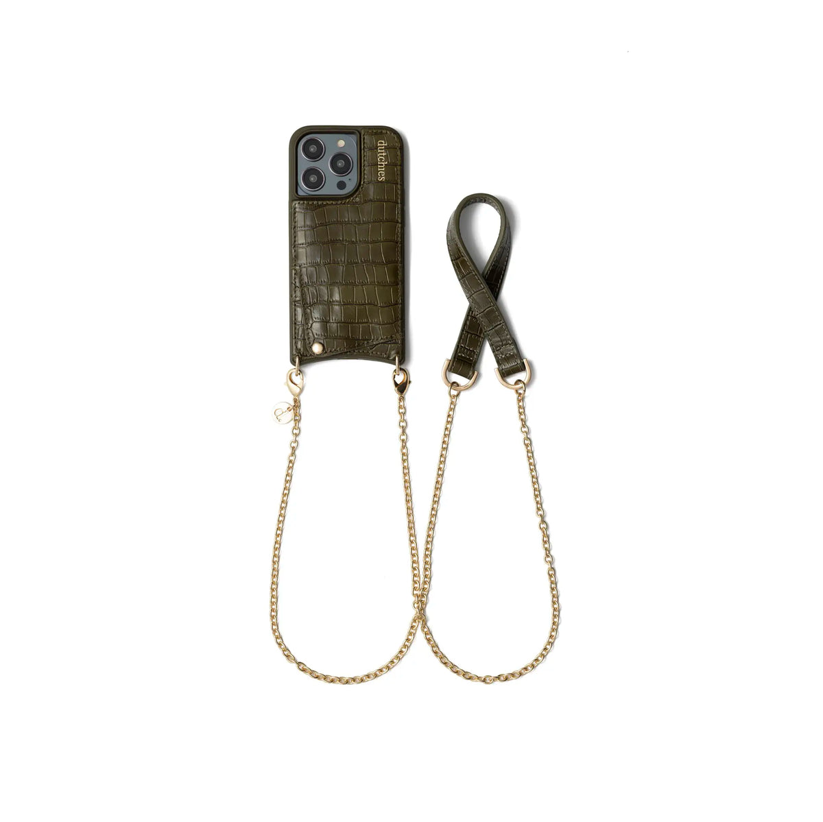 Spanish Chain Set | iPhone | Olive Green – Stylish phone case with chain in olive green, perfect for handsfree convenience.