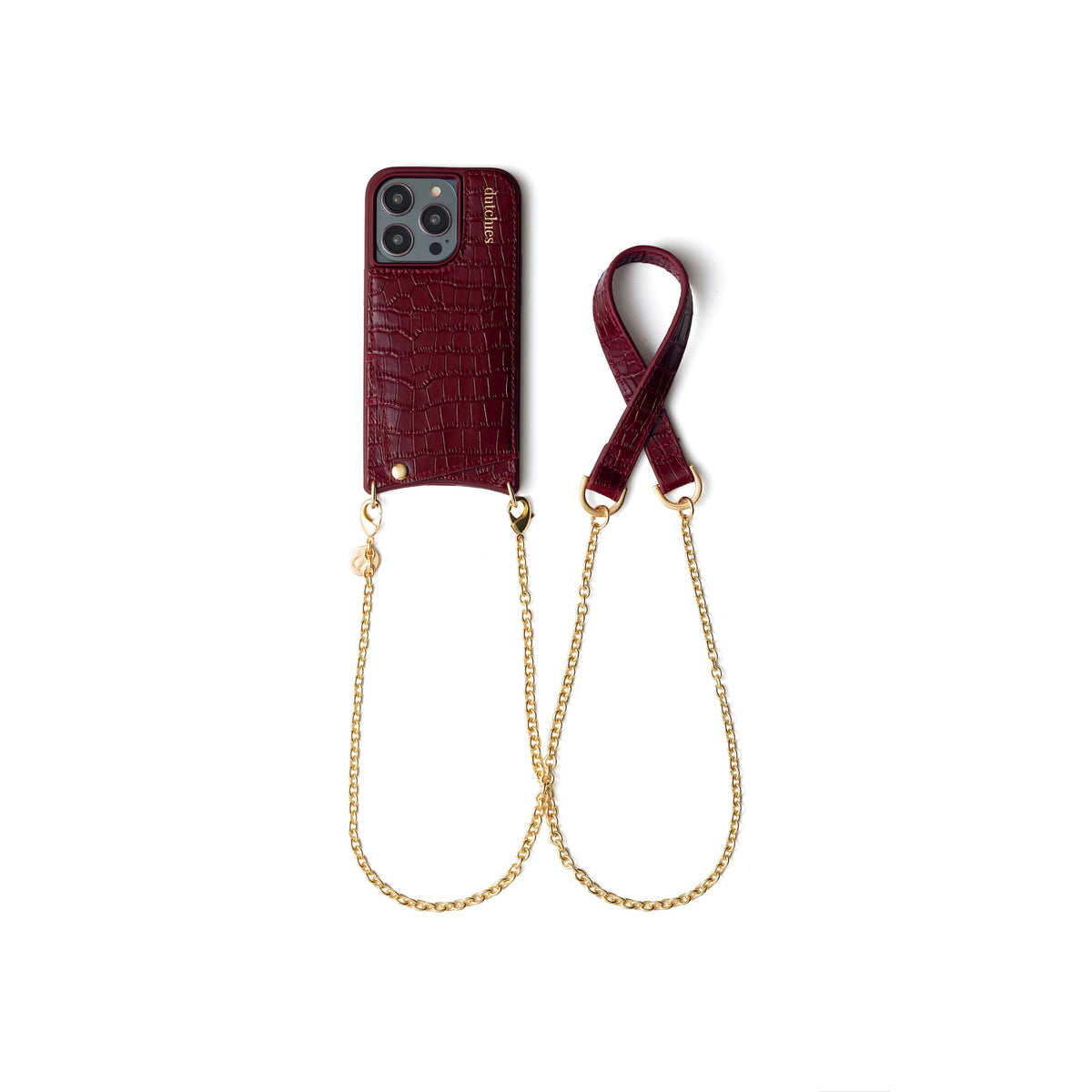 Spanish Chain Set | iPhone | Burgundy - Stylish phone case with cardholder and a matching burgundy strap.