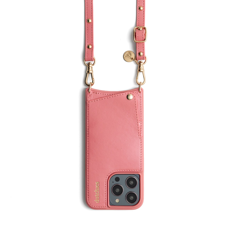 Phone strap | Slimline with Studs | Pink - Luxurious leather phone strap with gold studs for stylish convenience.
