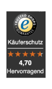Trustedshop badge with 4.70 stars and 'Käuferschutz' text on a black background