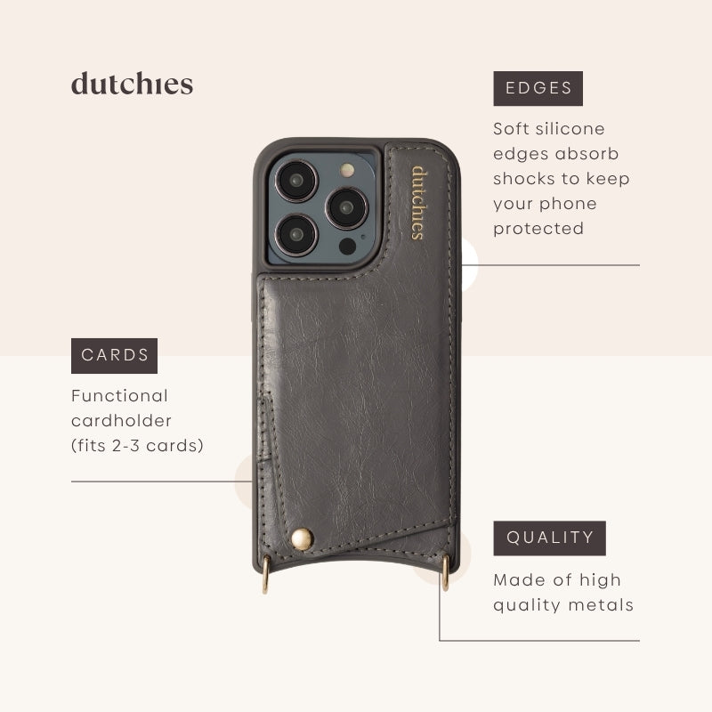Funda para iPhone | Graphite Grey con bordes suaves, tarjetero y metales premium para la máxima protección del teléfono.