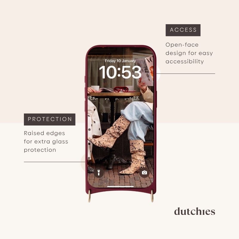 iPhone Case | Raspberry Red showcasing open-face design and raised edges for protection on a stylish background.