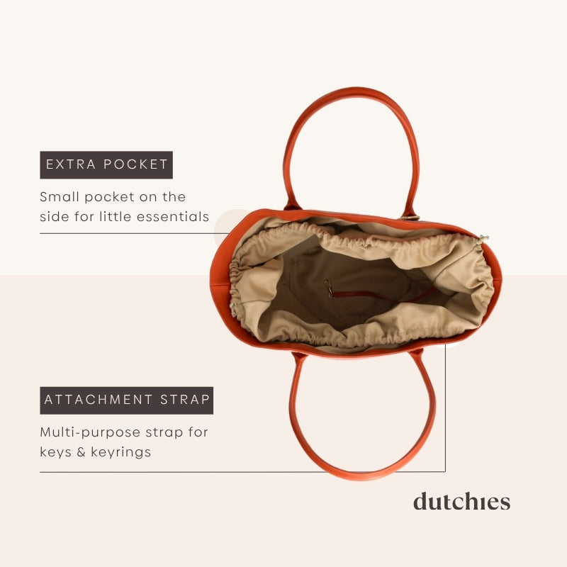 Beach Bag Set | Raffia Orange interior view with extra pocket and attachment strap for convenience.