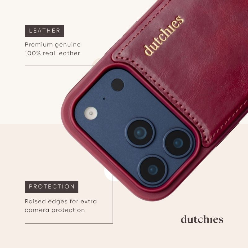 Classic Set | iPhone | Raspberry Red - premium leather case with raised edges for camera protection.