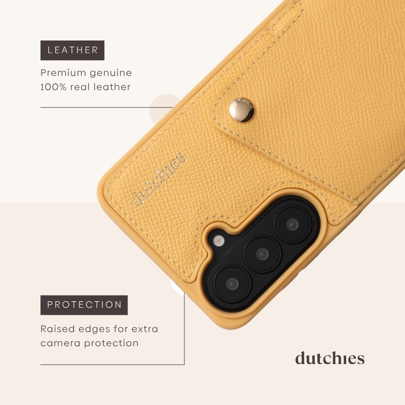 Samsung Case | Yellow featuring premium genuine leather and raised edges for extra camera protection.