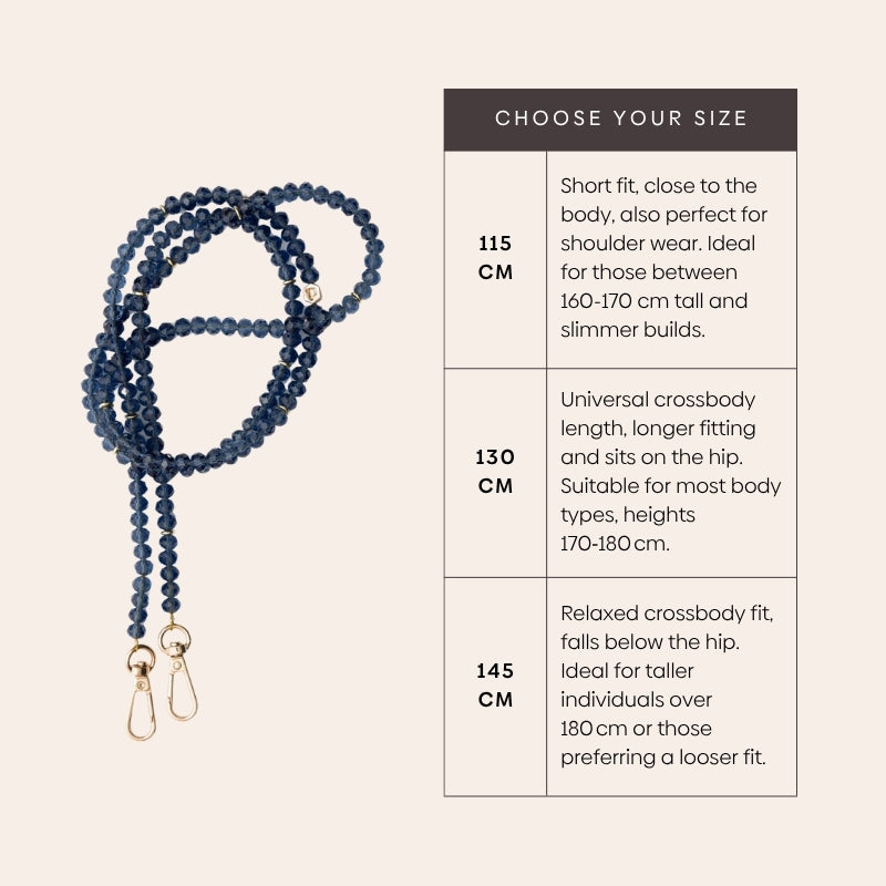 Choisissez votre taille pour la Chaîne Téléphonique | Perles | Grace : options disponibles en 115 cm, 130 cm ou 145 cm.
