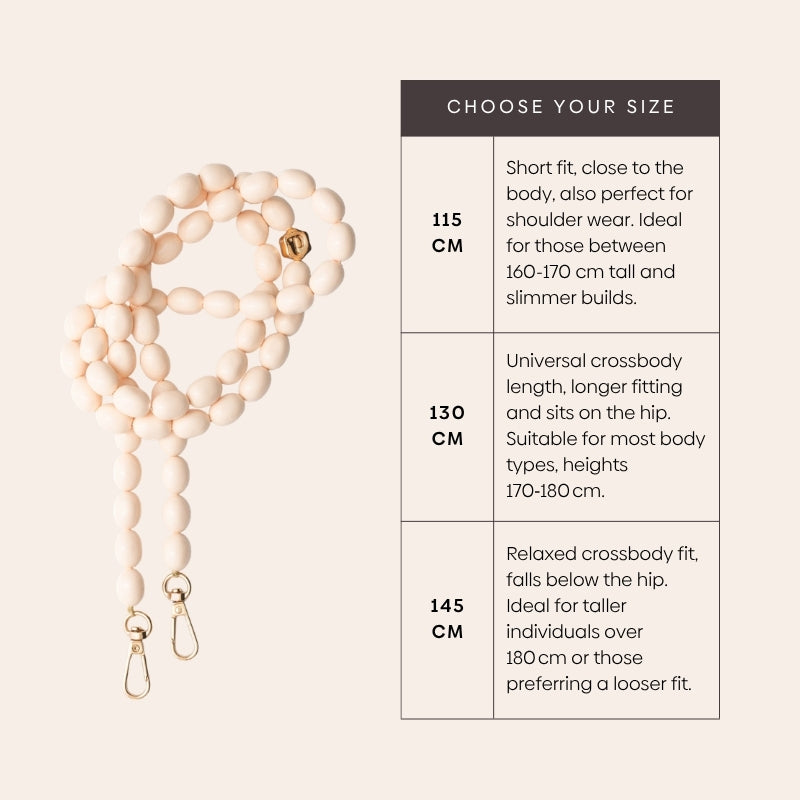 Phone Chain | Beaded | Gwen sizes chart with 115cm, 130cm, and 145cm fit descriptions and styling tips.