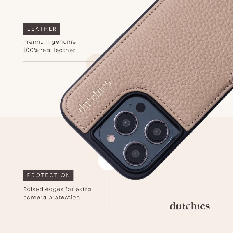 iPhone Case | Beige featuring premium leather and raised edges for camera protection, includes cardholder.
