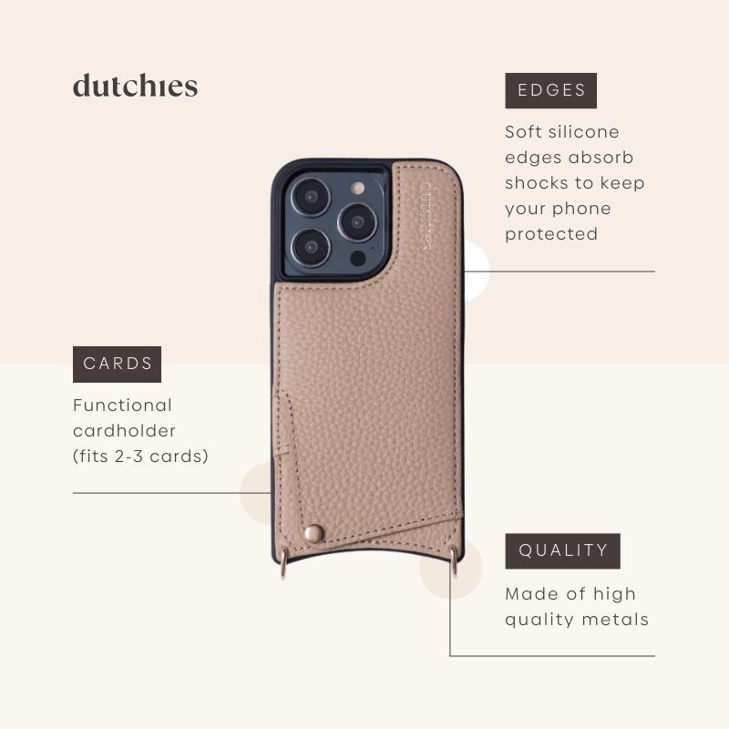 iPhone Case | Beige with cardholder, soft silicone edges, and high-quality leather to protect your phone.