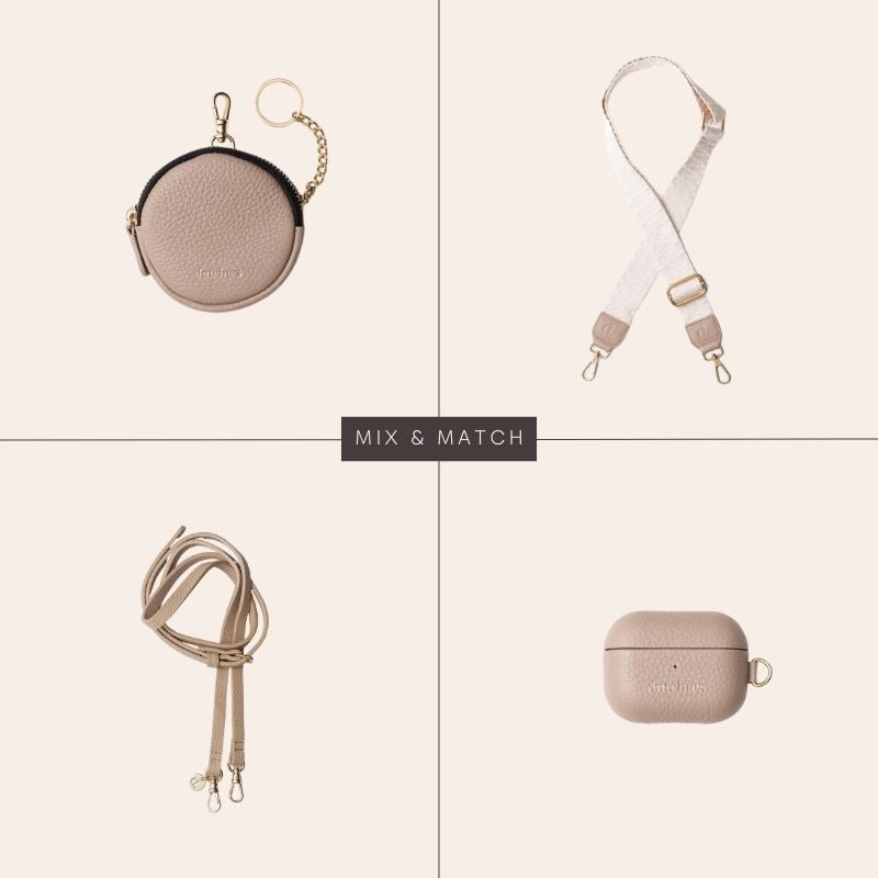 Samsung Case | Beige with accessories for mix and match style, featuring cardholder and elegant straps.
