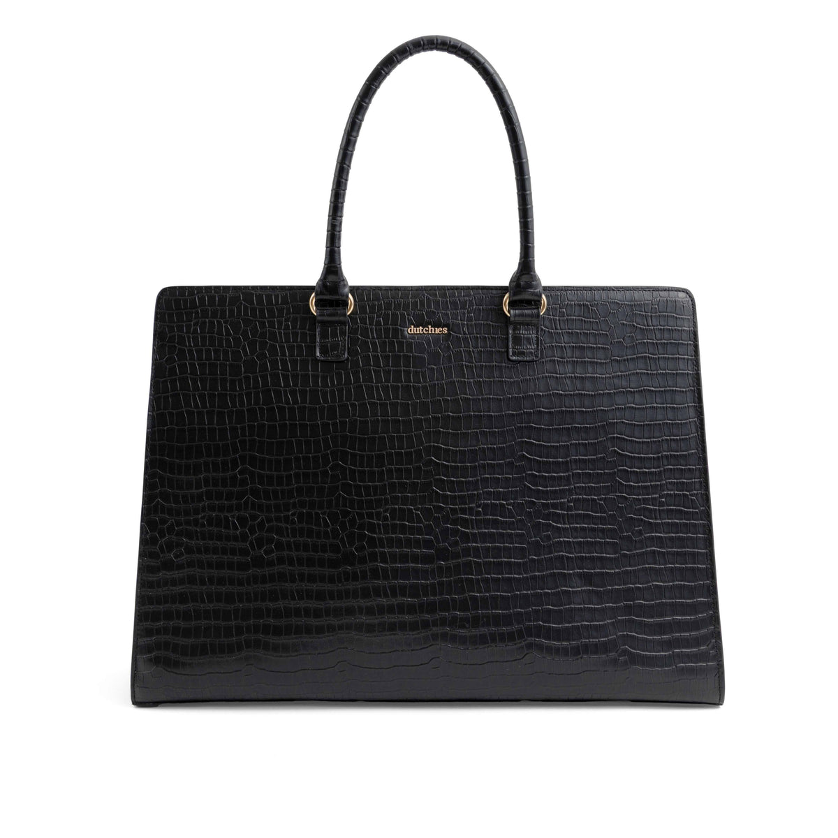 Sacoche chic en cuir noir pour ordinateur portable avec motif crocodile et poignées stylées, parfaite pour le travail et le quotidien.