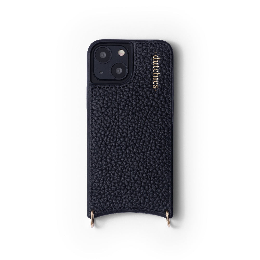 Una funda negra para iPhone hecha de cuero genuino, con tarjetero y anillas metálicas para sujetar una correa.