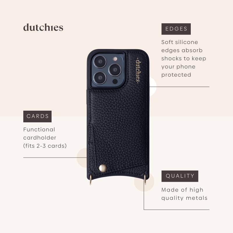 iPhone Coque | Noir avec porte-cartes, avec bords absorbant les chocs et design en cuir haut de gamme signé Dutchies.