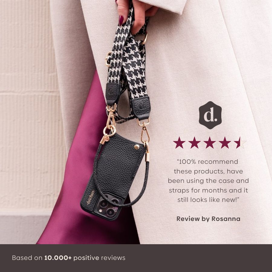 iPhone Funda | Negro con tarjetero, presentada con una correa elegante y cinco estrellas.