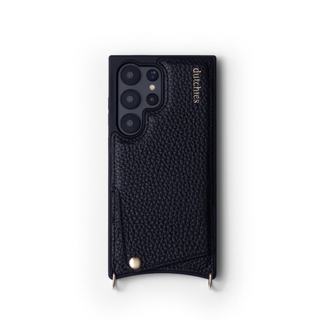 Samsung Case | Black made of genuine leather with cardholder and metal finishes.