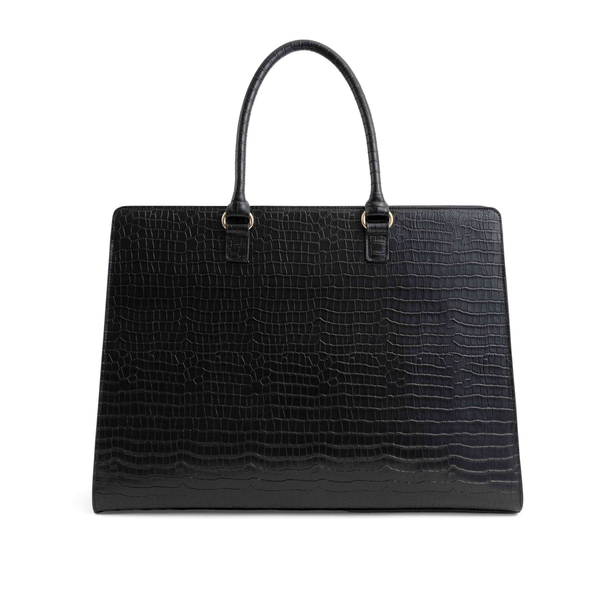 Sacoche élégante en cuir noir pour ordinateur portable avec texture crocodile, idéale pour transporter votre ordinateur et vos essentiels avec style.