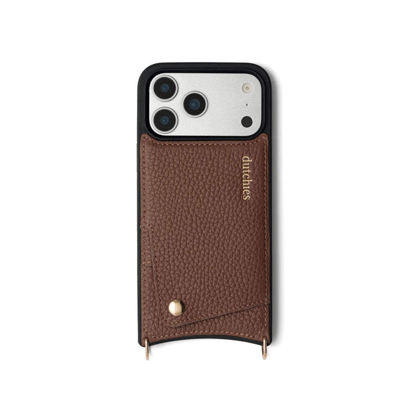 iPhone Case | Brown with cardholder, handcrafted leather, and premium metal finishes, designed for style and protection.
