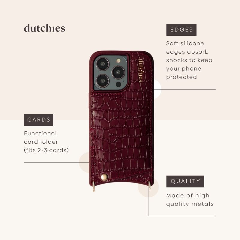 iPhone Case | Burgundy with cardholder, soft edges, and high-quality materials for optimal phone protection.