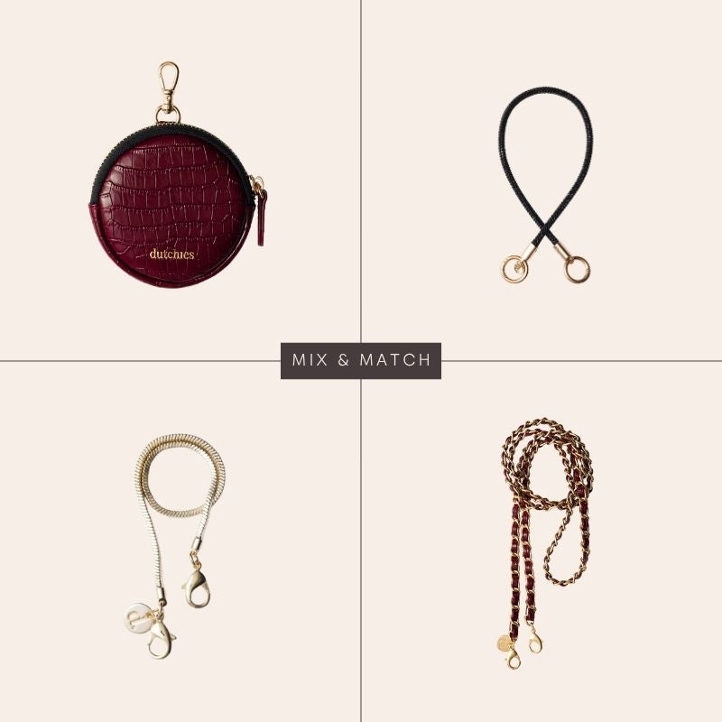 Funda para iPhone | Burgundy, accesorios que incluyen un tarjetero, correas para el teléfono y charms.