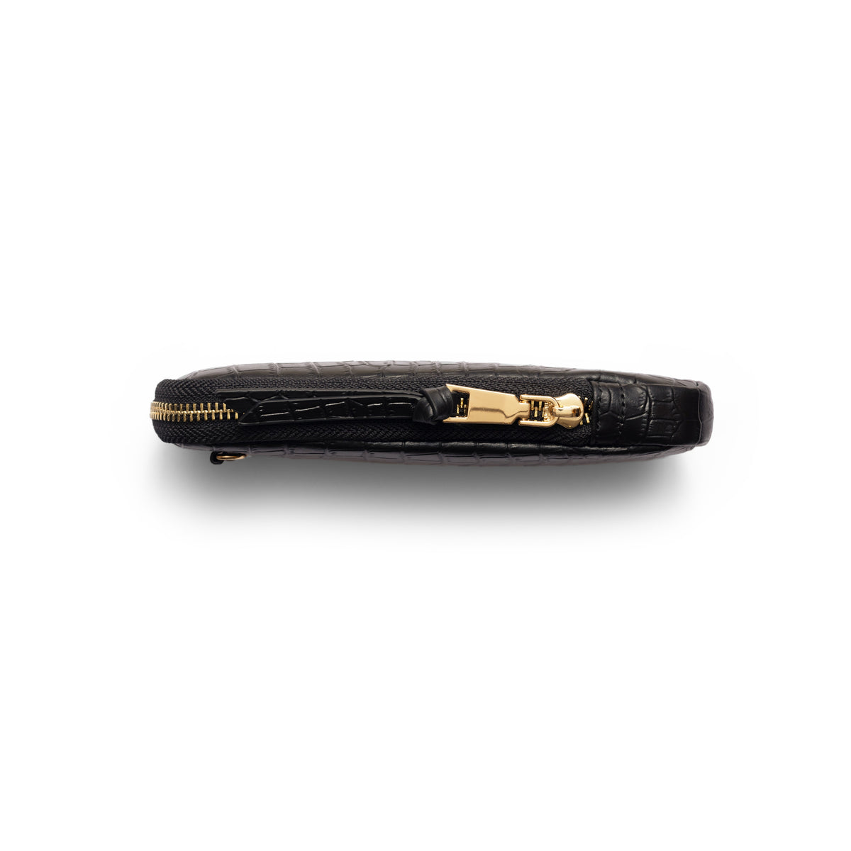Handytasche Rose | Noir | Gold Seitenansicht mit Krokodilstruktur und goldenen Reißverschlussdetails.