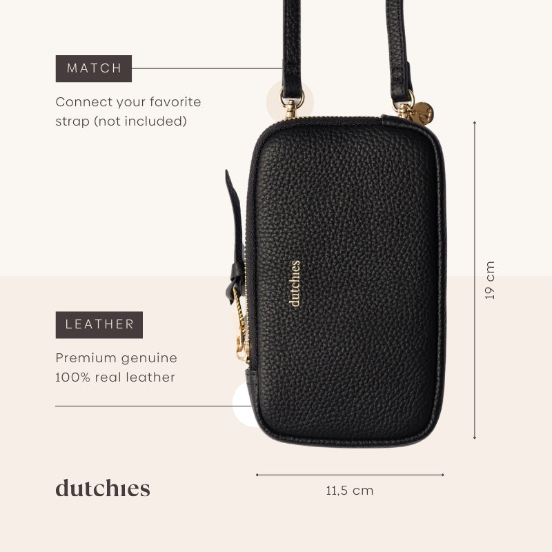 Mobiltaske ROSE | Black vist med mål, fremstillet i ægte læder og med en stilfuld Slimline Leather Strap.