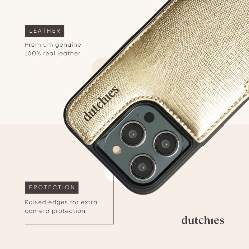 iPhone Case | Goldy, handcrafted genuine leather case with raised edges for protection and cardholder feature.