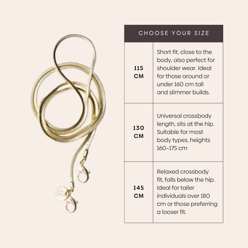 Handykette | Gold | Indian Größentabelle mit Optionen von 115 cm, 130 cm und 145 cm für die perfekte Passform.