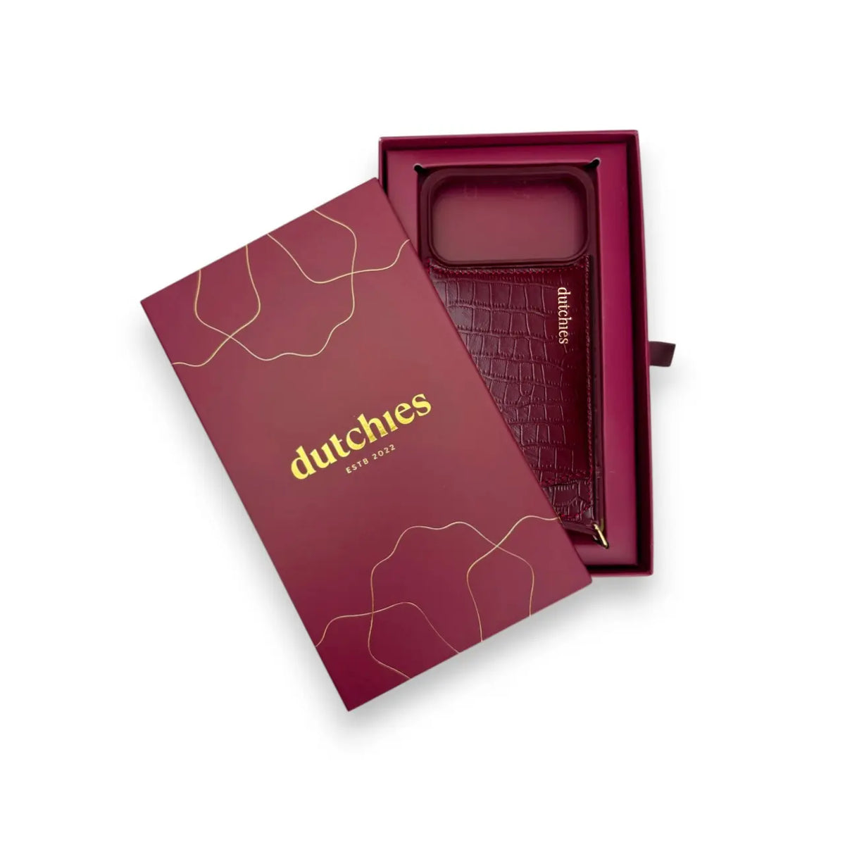 Open box displaying the Dutchies iPhone Case | Burgundy inside with elegant packaging.