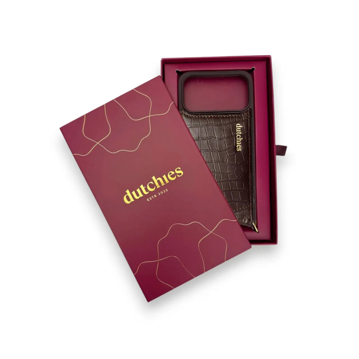 iPhone Case | Chocolate Brown in stylish packaging by Dutchies, showcasing a luxurious leather design.