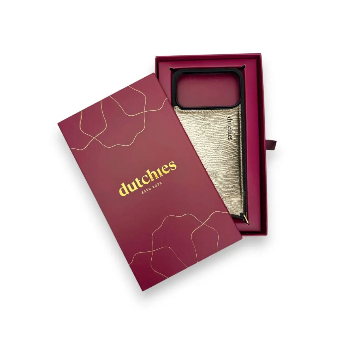 iPhone Case | Goldy in elegant packaging from Dutchies, showcasing luxurious design and quality.