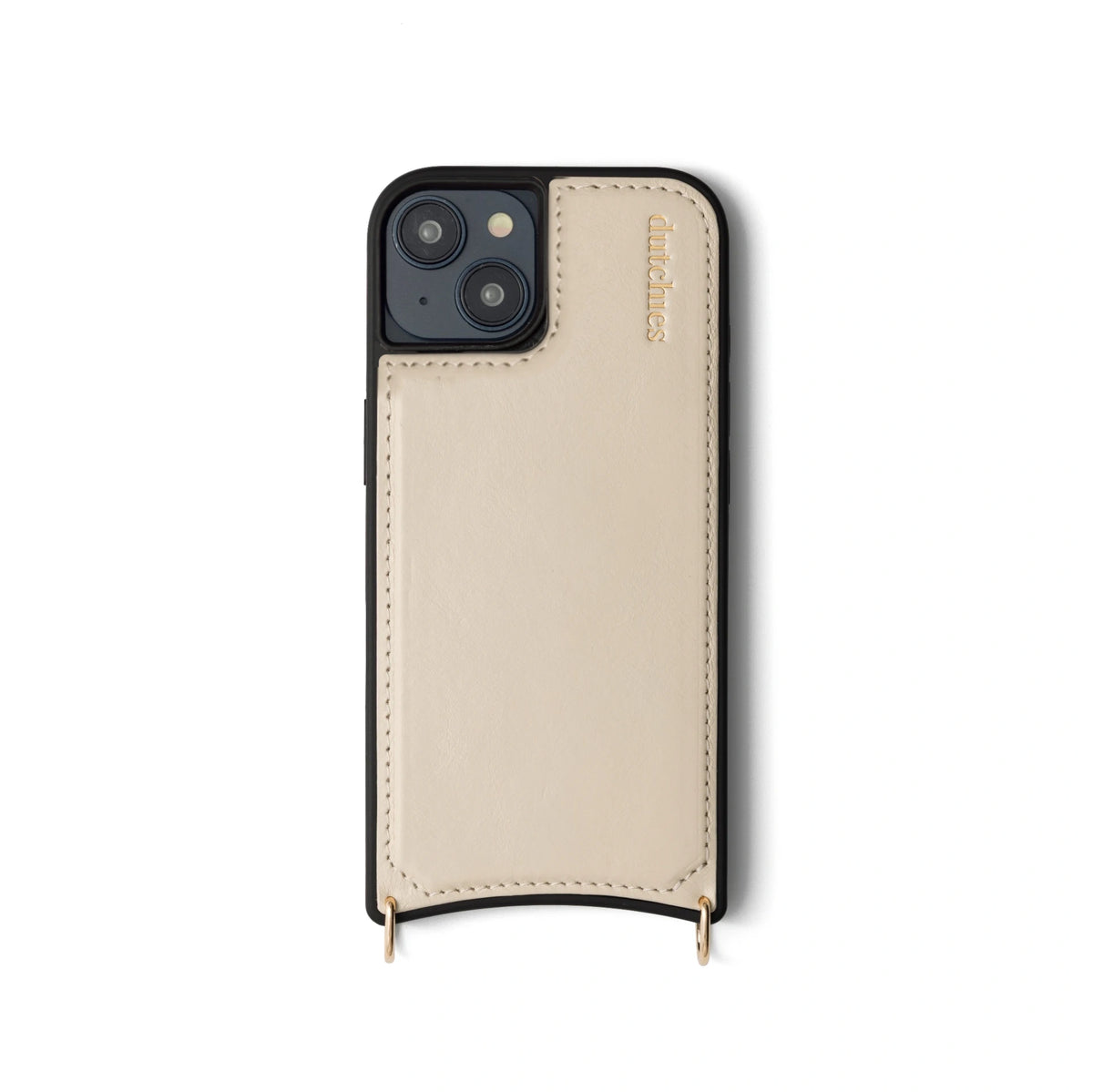 iPhone Case | MagSafe | Vanilla with leather finish and black silicone bumper, featuring golden details.