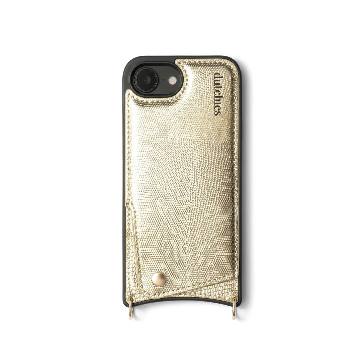 iPhone Case | Goldy in gold leather with cardholder, showcasing premium materials and stylish design.