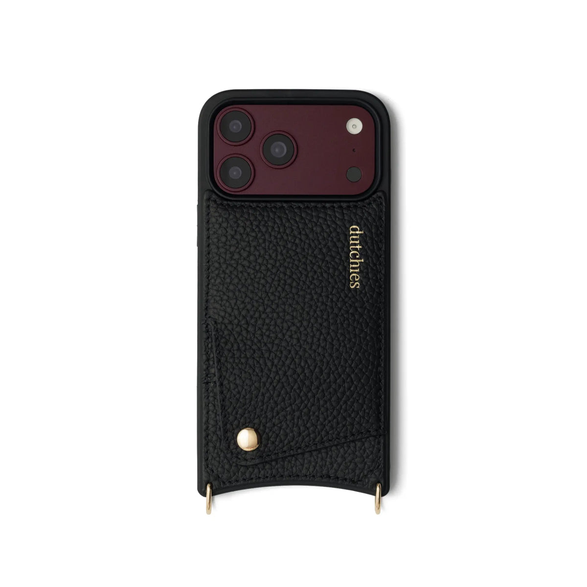 iPhone Case | Black, stylish leather case with cardholder and metal accents for extra phone protection.