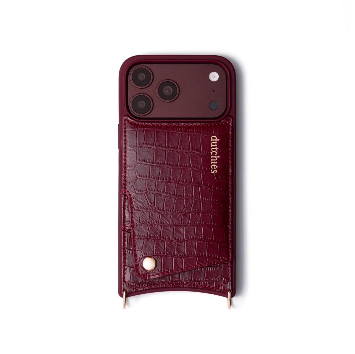 iPhone Case | Burgundy handcrafted leather phone case with cardholder and phone strap attachments.