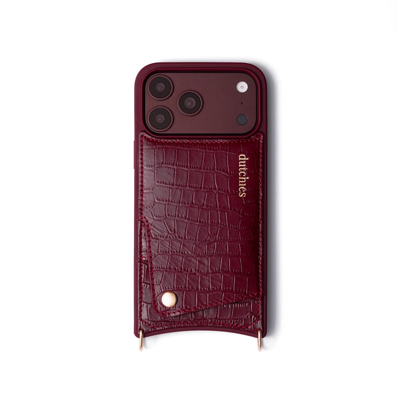 iPhone Case | Burgundy handcrafted leather phone case with cardholder and phone strap attachments.