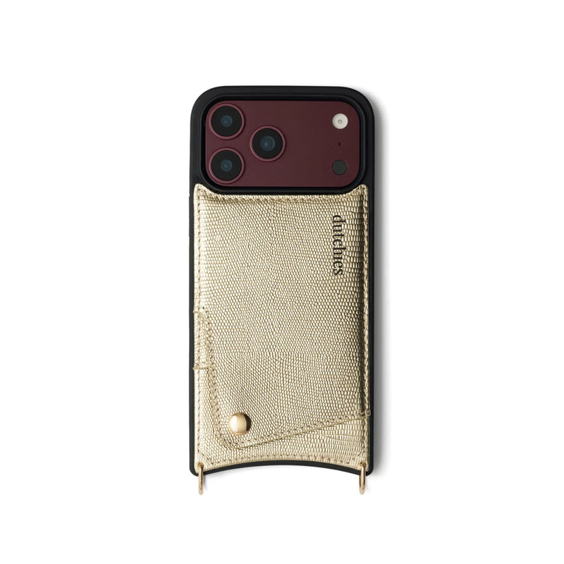 iPhone Case | Goldy in gold leather with cardholder, showcasing premium materials and stylish design.