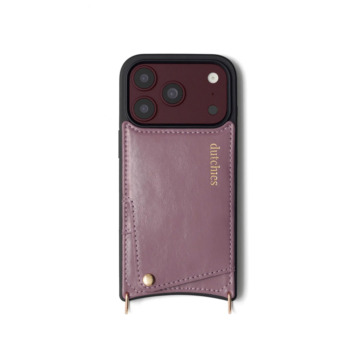 iPhone Case | Mauve with cardholder and dual rings for strap attachment, handcrafted from genuine leather.