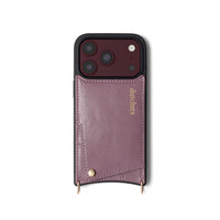 iPhone Case | Mauve with cardholder and dual rings for strap attachment, handcrafted from genuine leather.