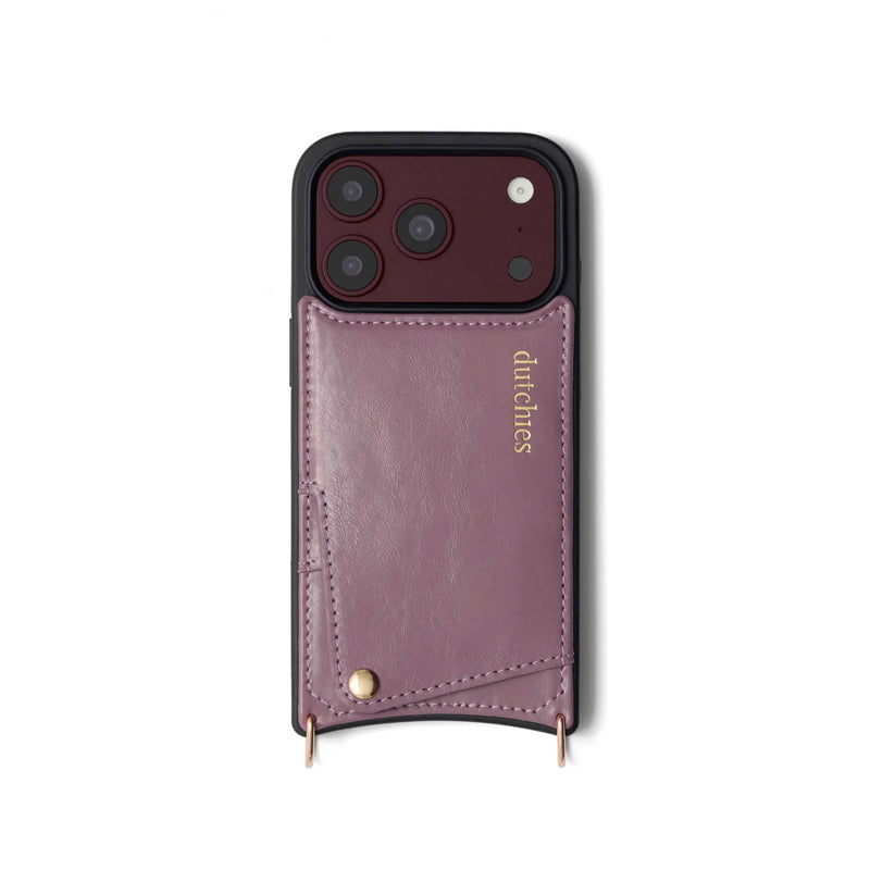iPhone Case | Mauve with cardholder and dual rings for strap attachment, handcrafted from genuine leather.