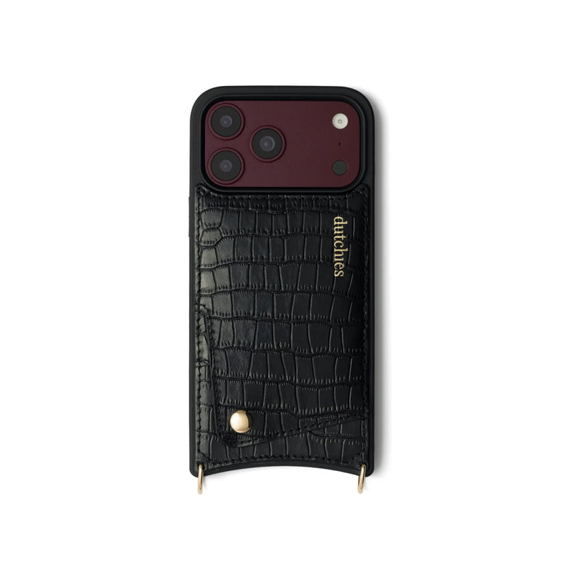 iPhone Case | Noir | Gold featuring a cardholder and genuine leather design for ultimate phone protection.