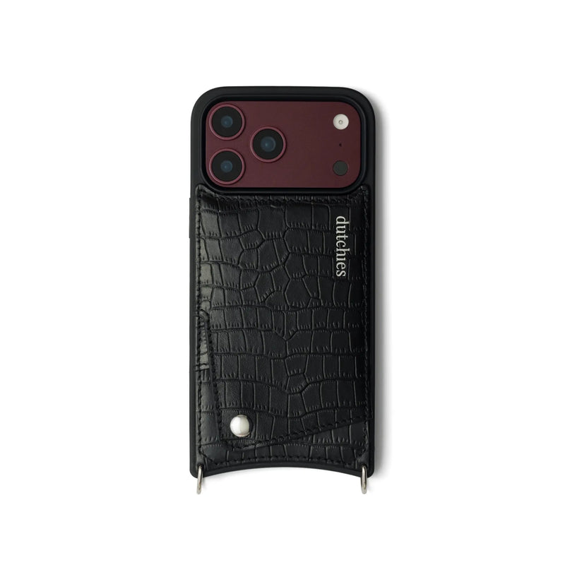 iPhone Case | Noir | Silver in black leather with cardholder and premium metal finishes.